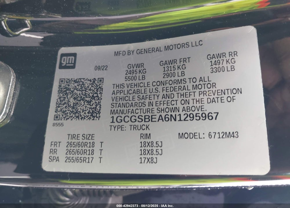 2022 CHEVROLET COLORADO VIN: 1GCGSBEA6N1295967
