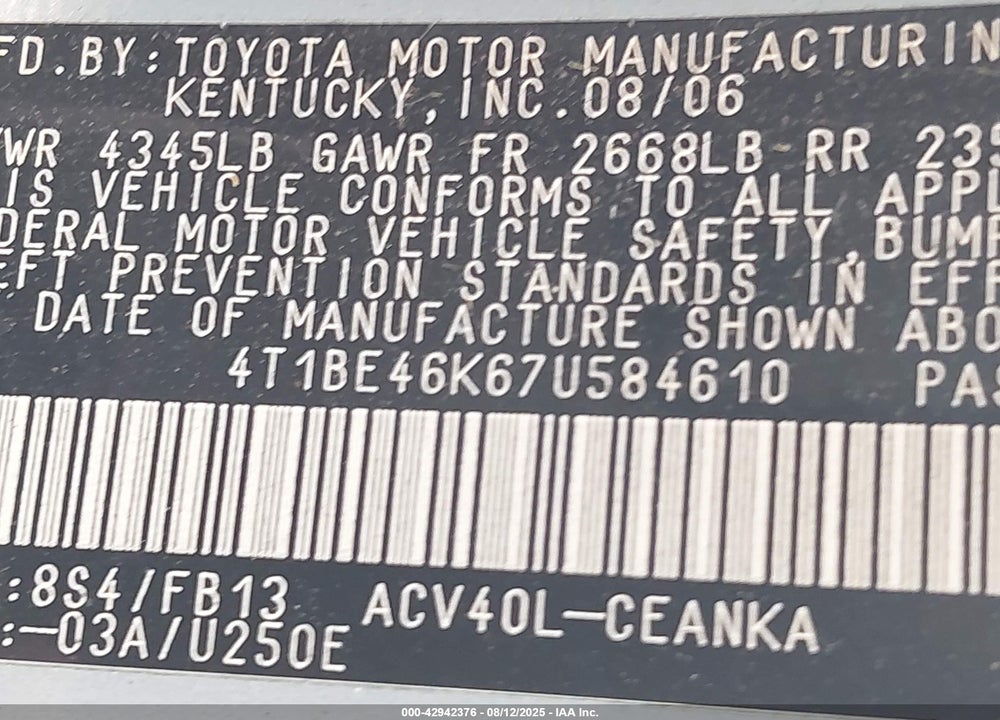 2007 TOYOTA CAMRY VIN: 4T1BE46K67U584610