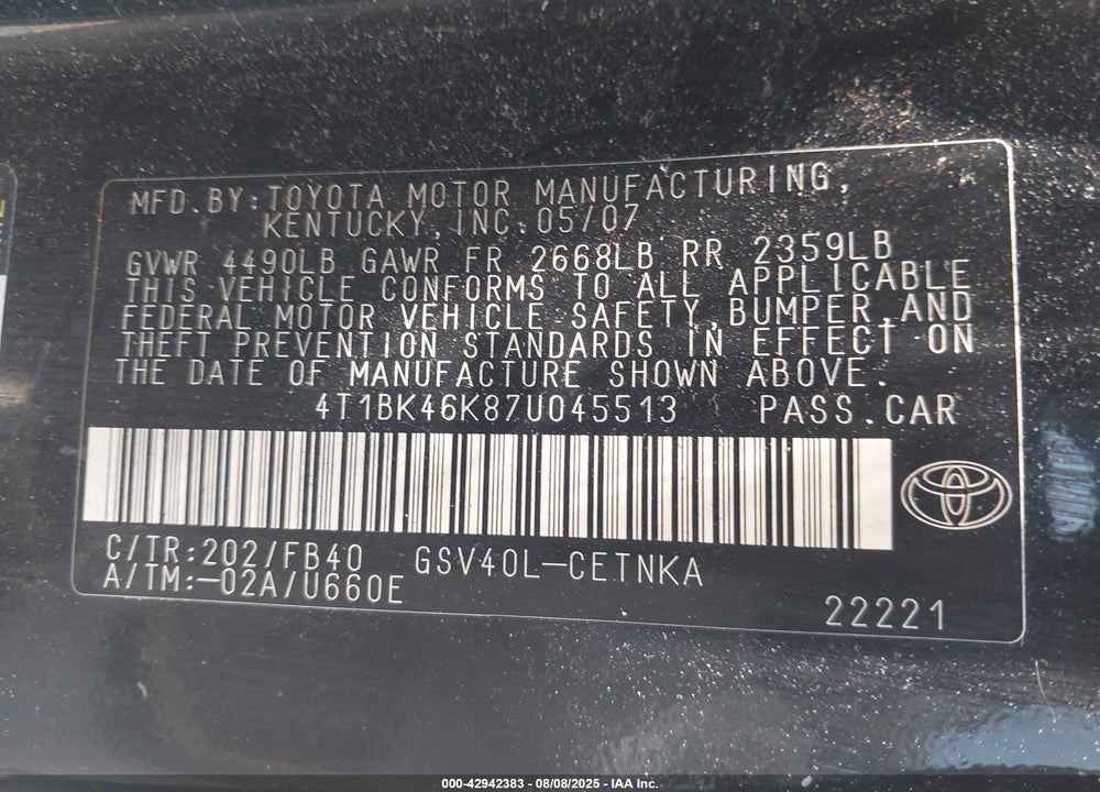 2007 TOYOTA CAMRY LE V6 VIN: 4T1BK46K87U045513