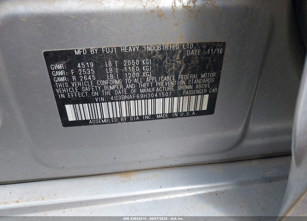 2017 SUBARU LEGACY VIN: 4S3BNAF69H3041507
