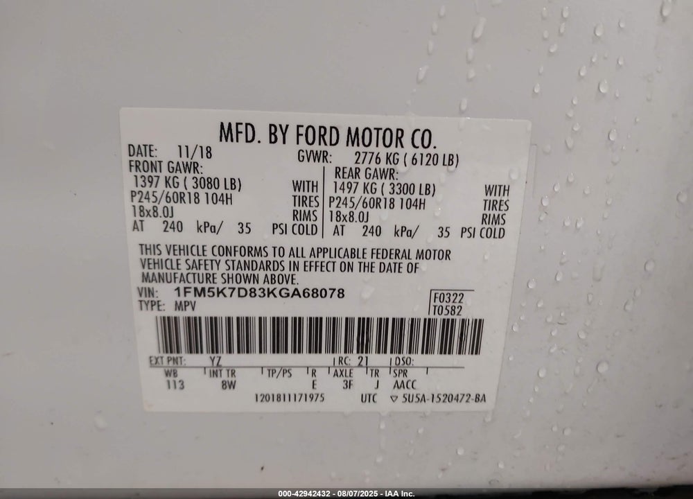 2019 FORD EXPLORER XLT VIN: 1FM5K7D83KGA68078
