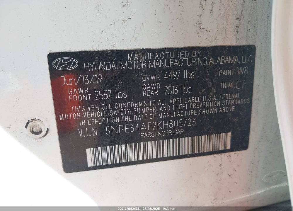 2019 HYUNDAI SONATA VIN: 5NPE34AF2KH805723