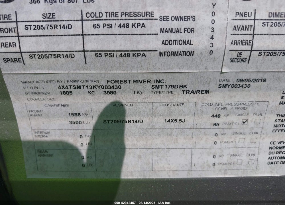 2019 FORE RIVER 171R VIN: 4X4TSMT13KY003430