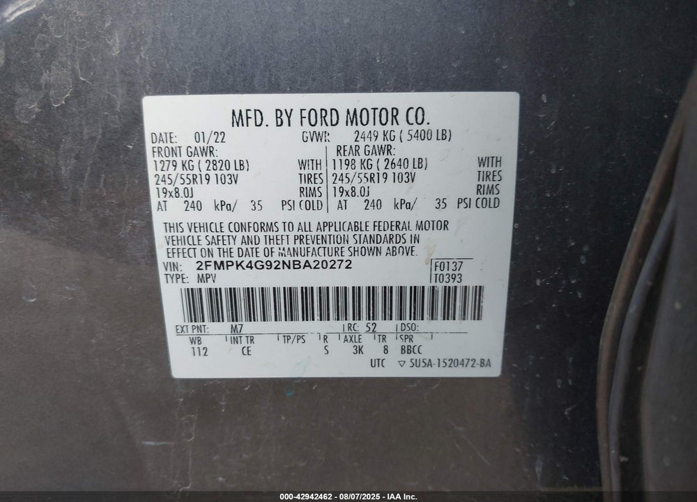 2022 FORD EDGE VIN: 2FMPK4G92NBA20272