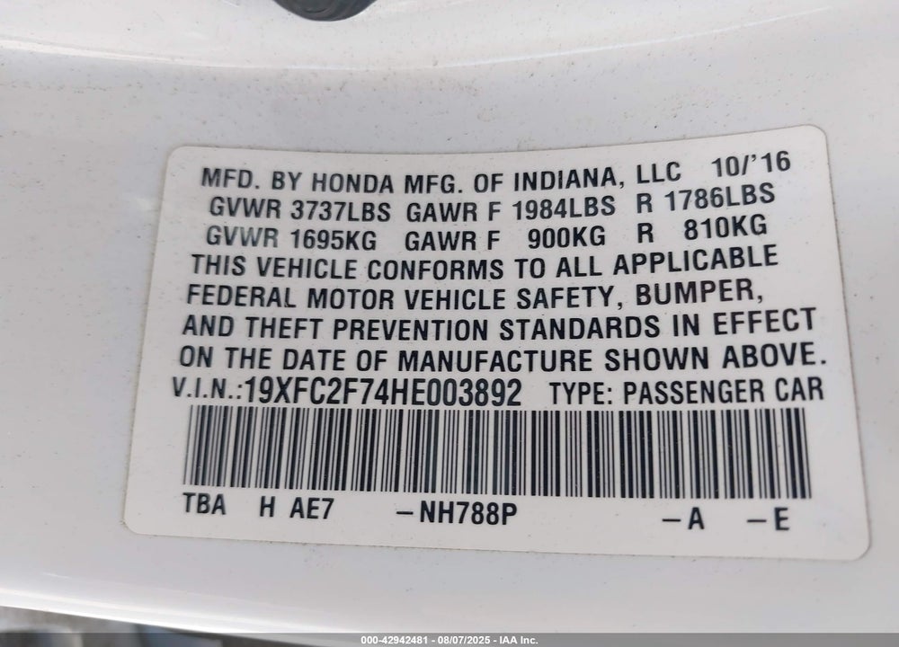 2017 HONDA CIVIC VIN: 19XFC2F74HE003892