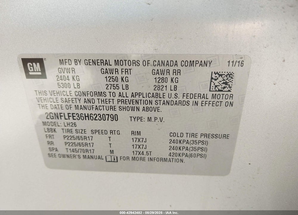 2017 CHEVROLET EQUINOX VIN: 2GNFLFE36H6230790