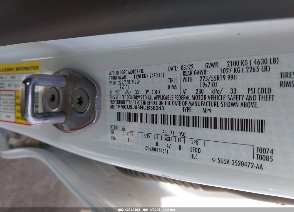 2022 FORD ESCAPE VIN: 1FMCU9J93NUB38243