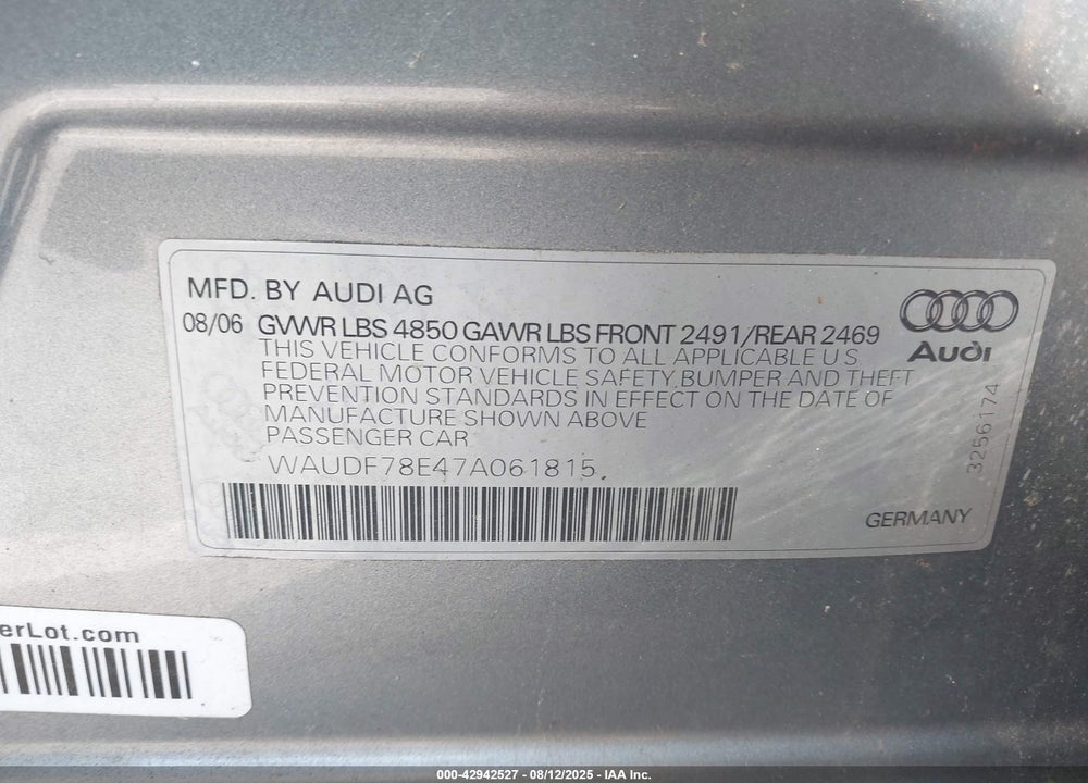 2007 AUDI A4 VIN: WAUDF78E47A061815