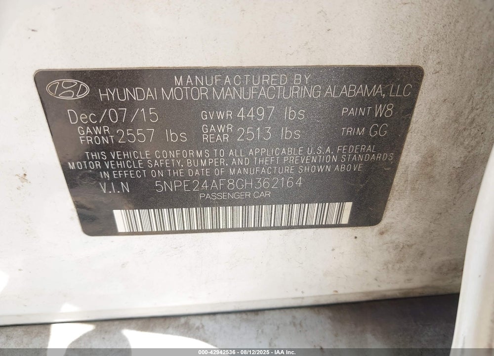 2016 HYUNDAI SONATA VIN: 5NPE24AF8GH362164