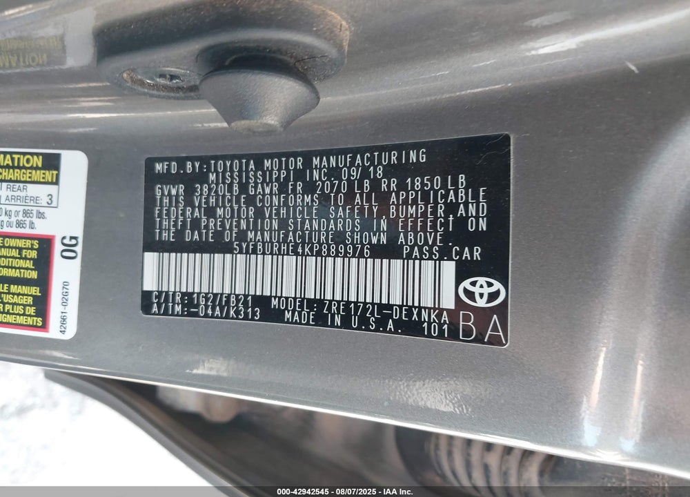 2019 TOYOTA COROLLA VIN: 5YFBURHE4KP889976