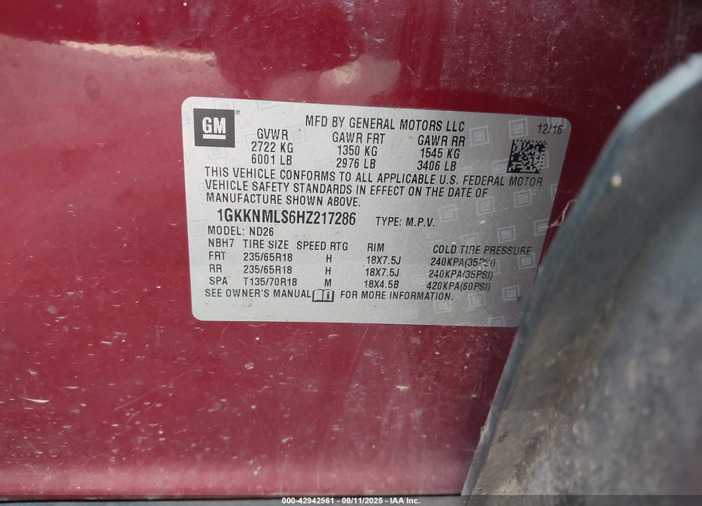 2017 GMC ACADIA VIN: 1GKKNMLS6HZ217286