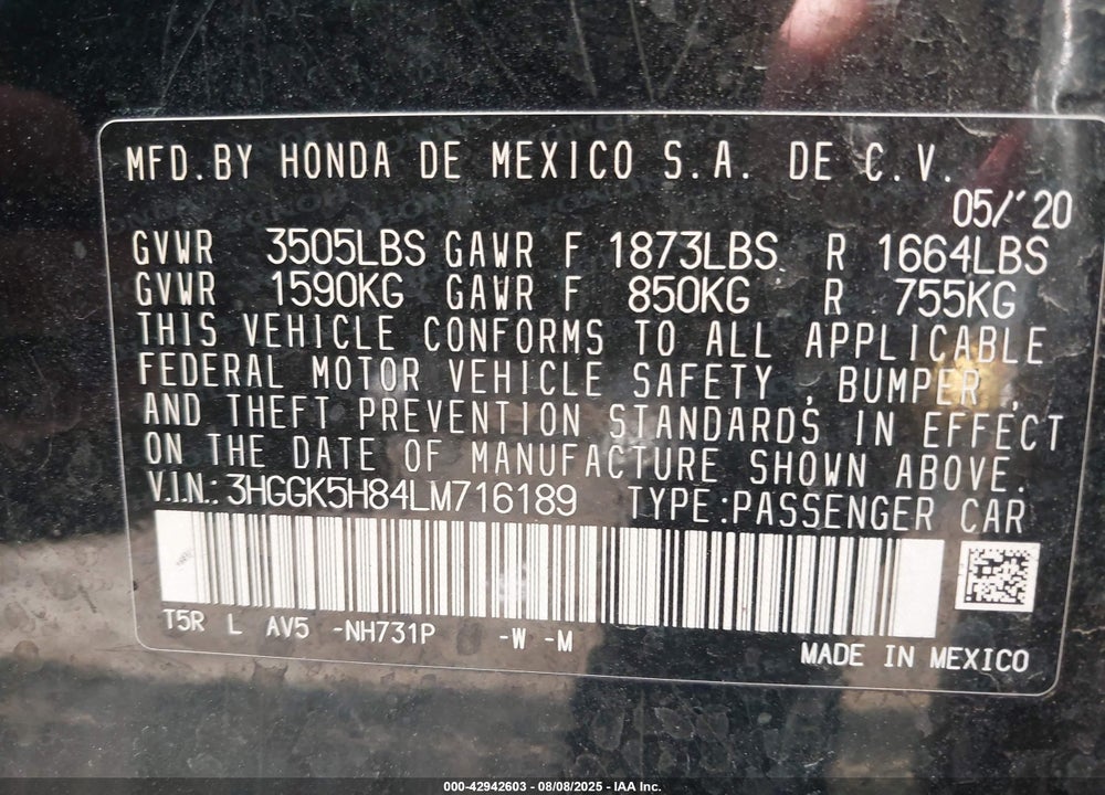 2020 HONDA FIT VIN: 3HGGK5H84LM716189