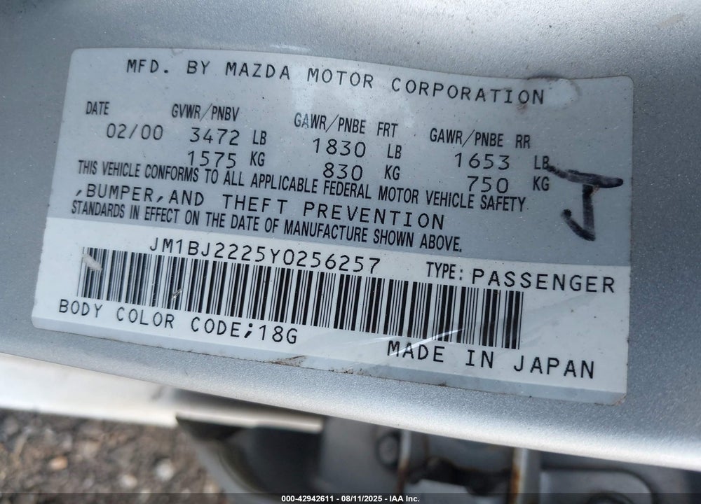 2000 MAZDA PROTEGE DX/LX VIN: JM1BJ2225Y0256257
