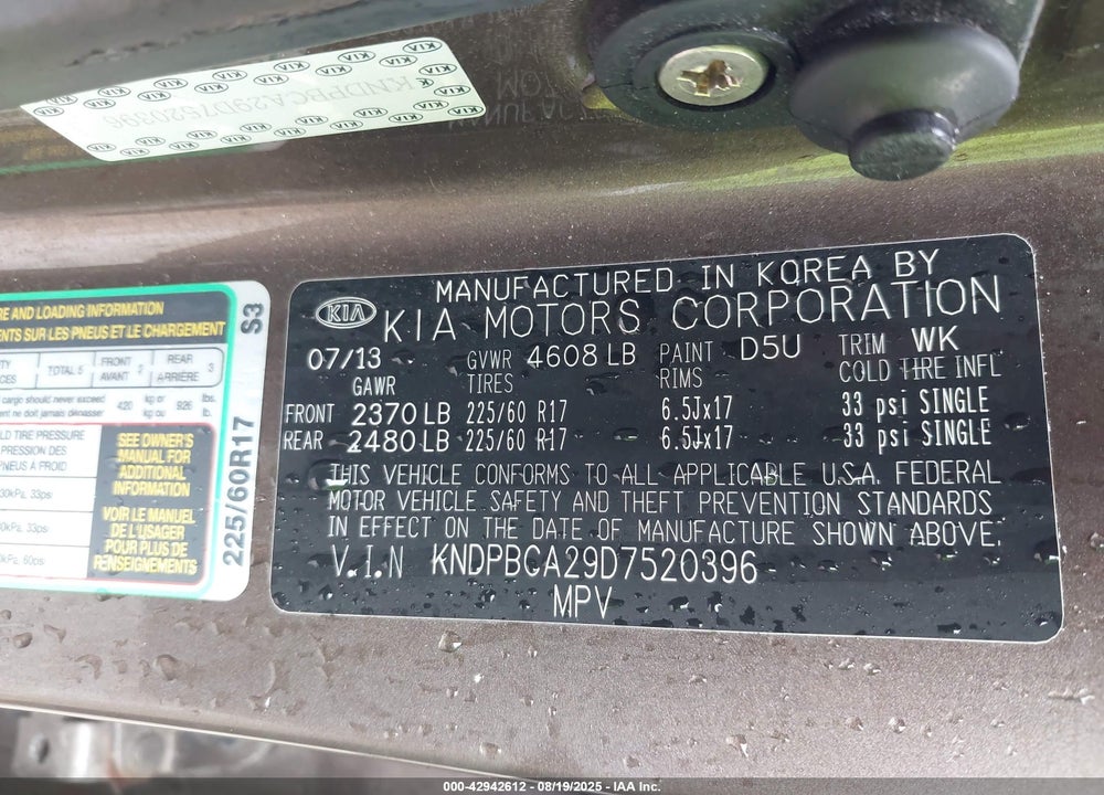 2013 KIA SPORTAGE VIN: KNDPBCA29D7520396