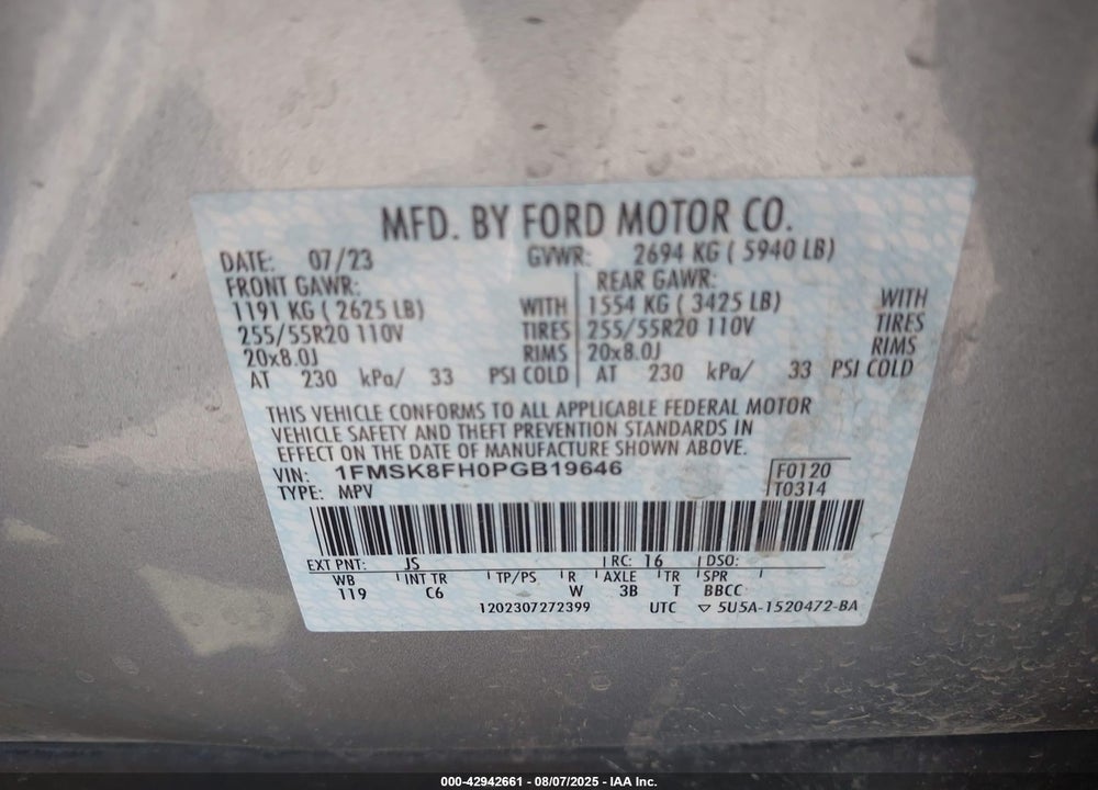 2023 FORD EXPLORER LIMITED VIN: 1FMSK8FH0PGB19646