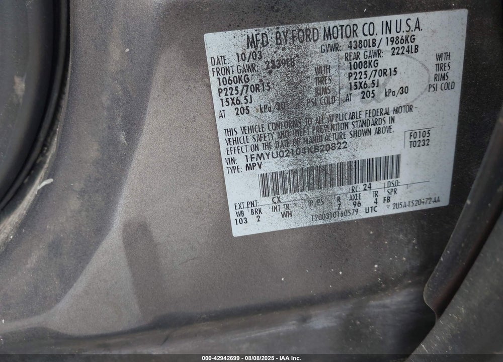 2004 FORD ESCAPE XLS VIN: 1FMYU02104KB20822
