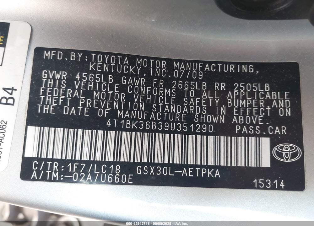2009 TOYOTA AVALON VIN: 4T1BK36B39U351290