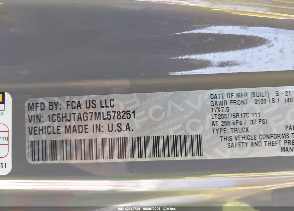 2021 JEEP GLADIATOR VIN: 1C6HJTAG7ML578251