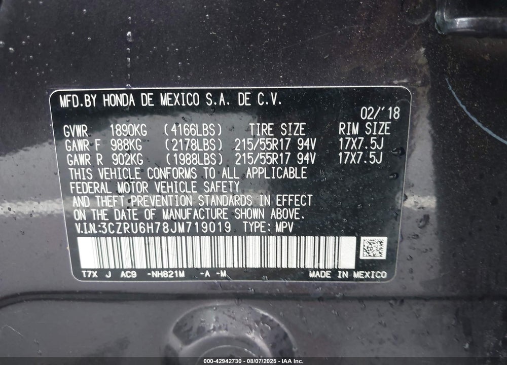 2018 HONDA HR-V EX-L VIN: 3CZRU6H78JM719019