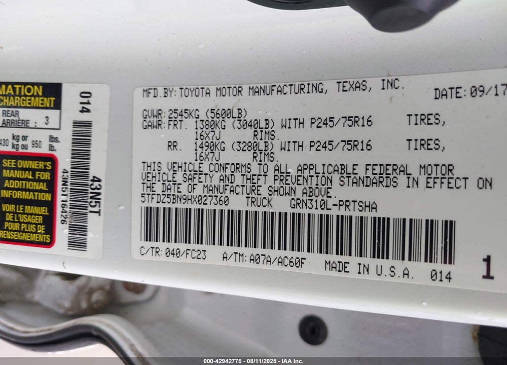 2017 TOYOTA TACOMA VIN: 5TFDZ5BN9HX027360