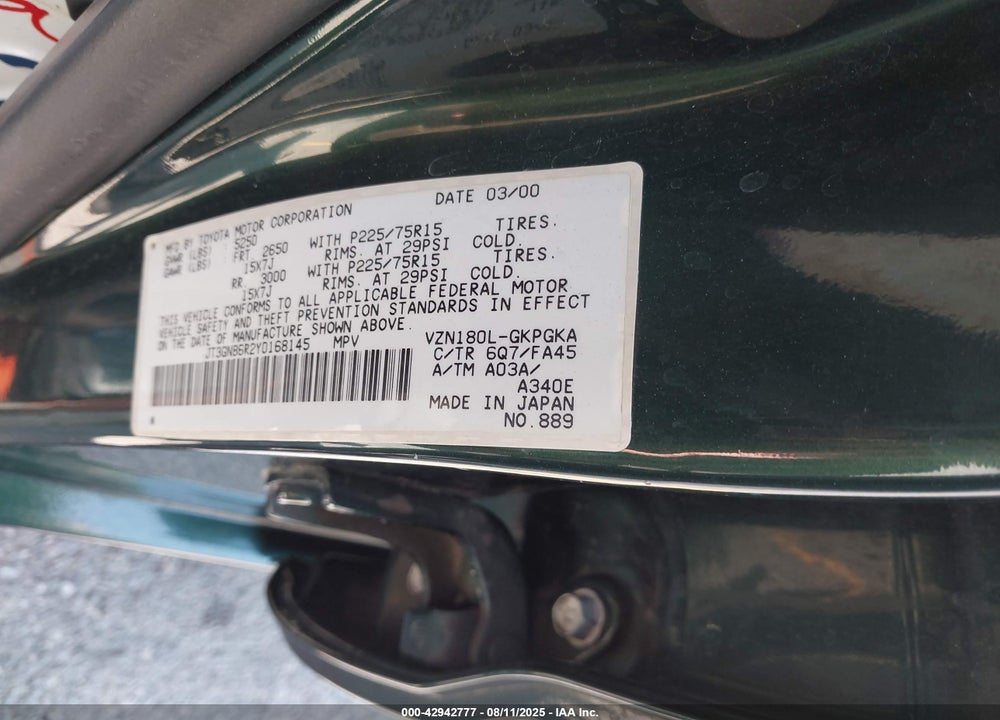 2000 TOYOTA 4RUNNER SR5 V6 VIN: JT3GN86R2Y0168145
