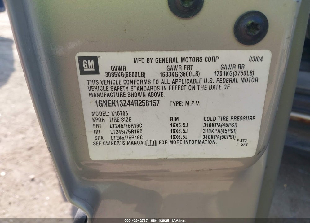 2004 CHEVROLET TAHOE LS VIN: 1GNEK13Z44R258157