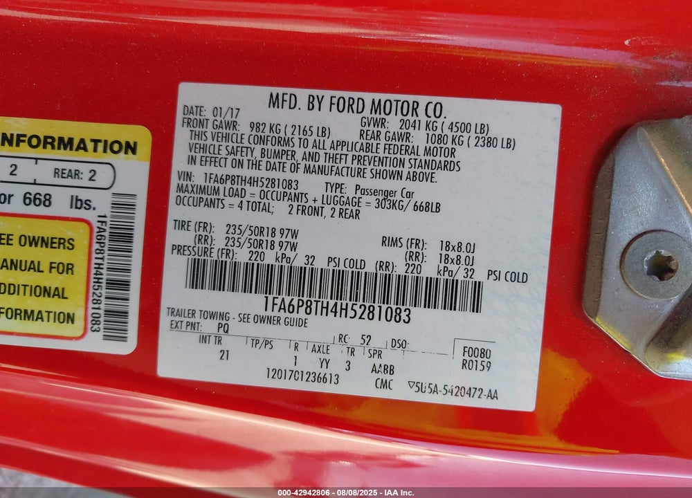 2017 FORD MUSTANG VIN: 1FA6P8TH4H5281083