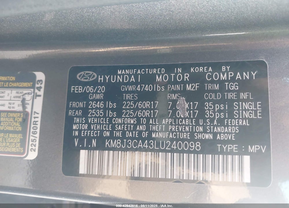 2020 HYUNDAI TUCSON VIN: KM8J3CA43LU240098
