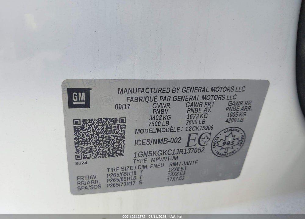 2018 CHEVROLET SUBURBAN VIN: 1GNSKGKC1JR137052