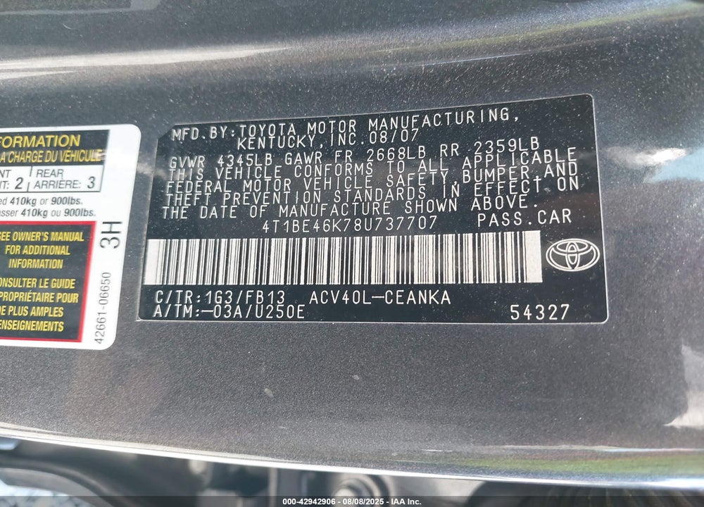 2008 TOYOTA CAMRY VIN: 4T1BE46K78U737707