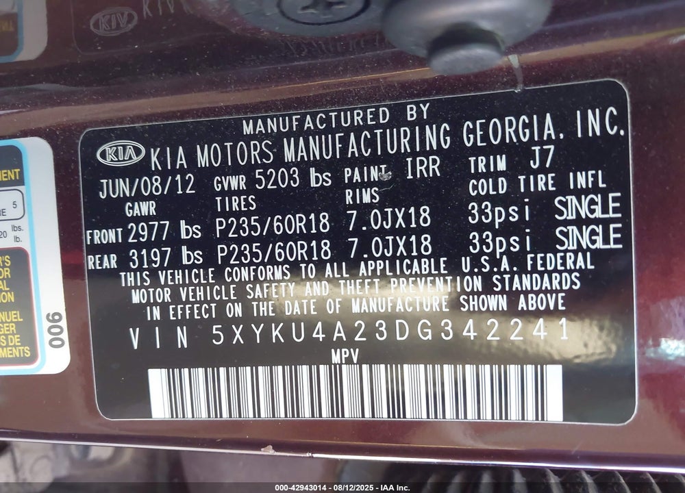 2013 KIA SORENTO VIN: 5XYKU4A23DG342241