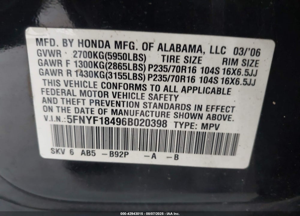 2006 HONDA PILOT EX VIN: 5FNYF18496B020398