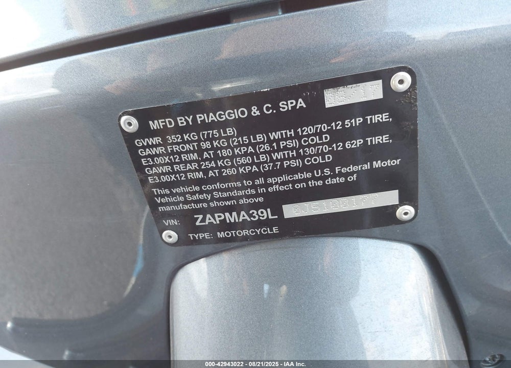 2018 VESP SEI GIORNI 300 VIN: ZAPMA39L0J5100177