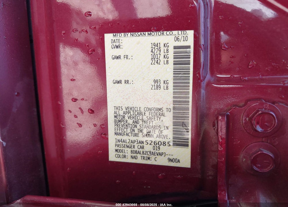 2010 NISSAN ALTIMA VIN: 1N4AL2AP3AN526085