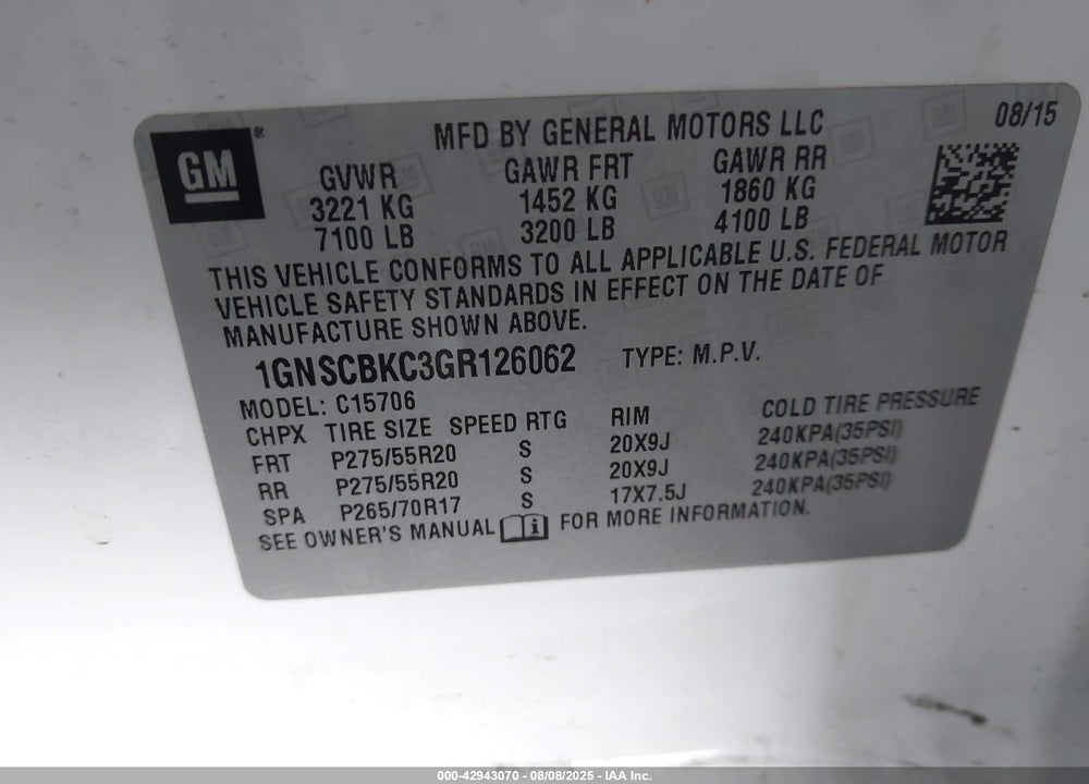 2016 CHEVROLET TAHOE LT VIN: 1GNSCBKC3GR126062