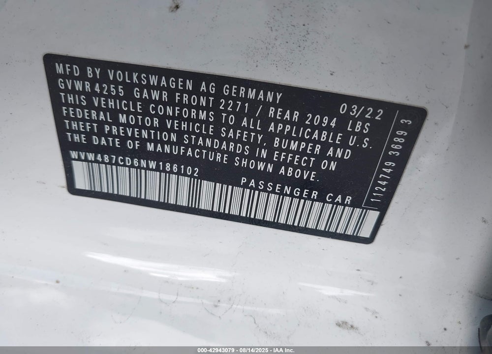 2022 VOLKSWAGEN GOLF VIN: WVW487CD6NW186102