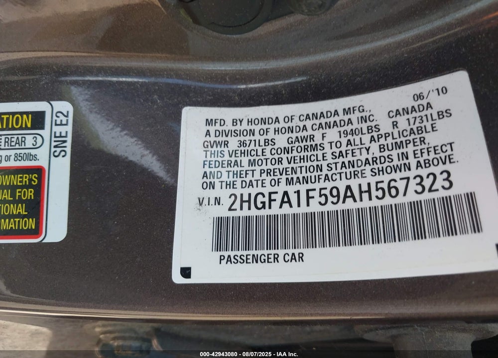 2010 HONDA CIVIC VIN: 2HGFA1F59AH567323