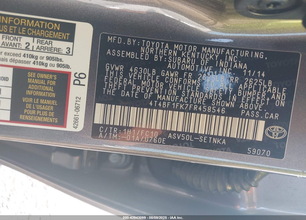 2015 TOYOTA CAMRY VIN: 4T4BF1FK7FR458546
