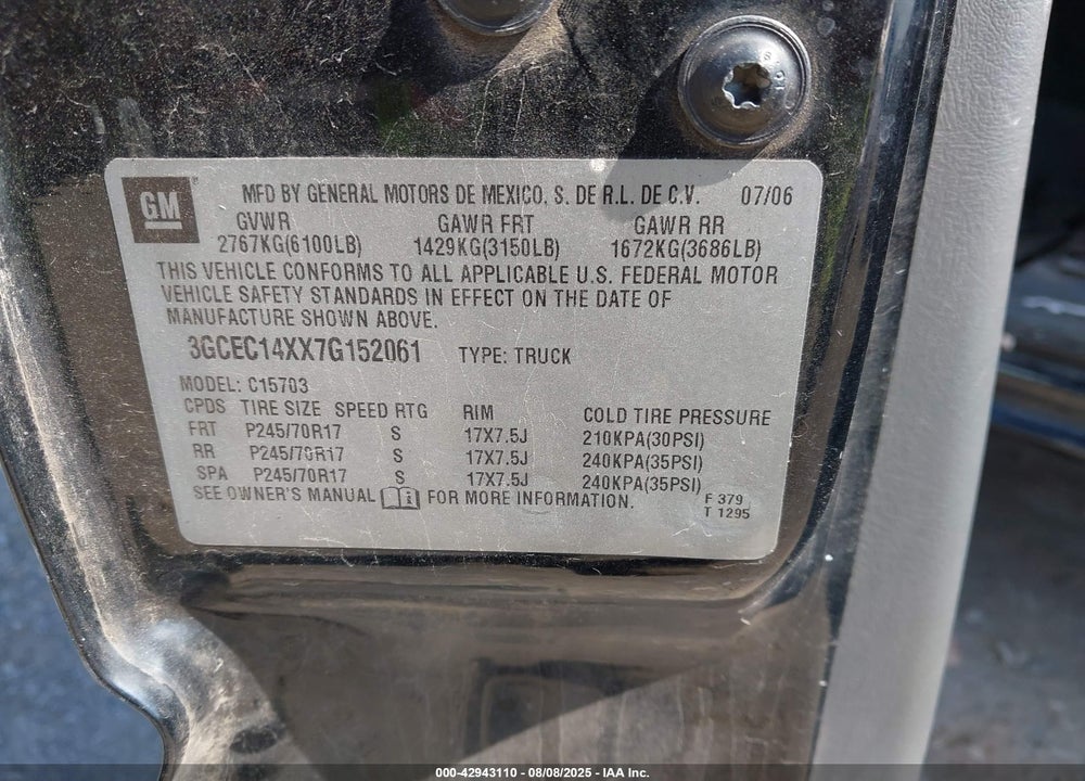 2007 CHEVROLET SILVERADO 1500 VIN: 3GCEC14XX7G152061
