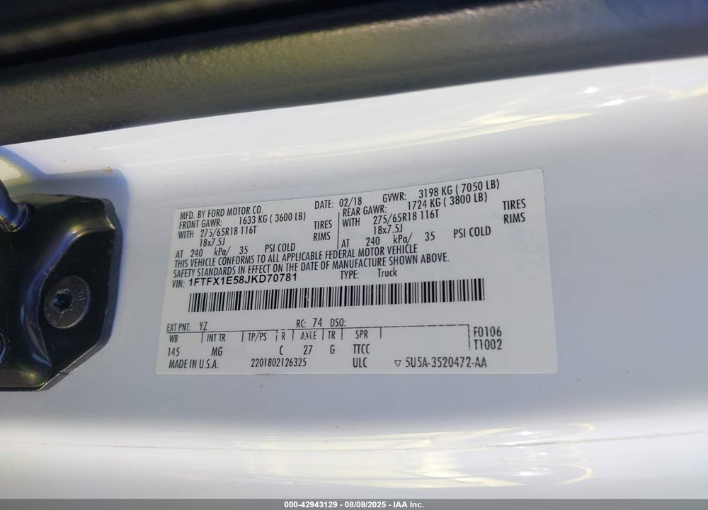 2018 FORD F-150 XLT VIN: 1FTFX1E58JKD70781