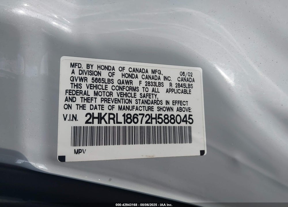2002 HONDA ODYSSEY EX VIN: 2HKRL18672H588045