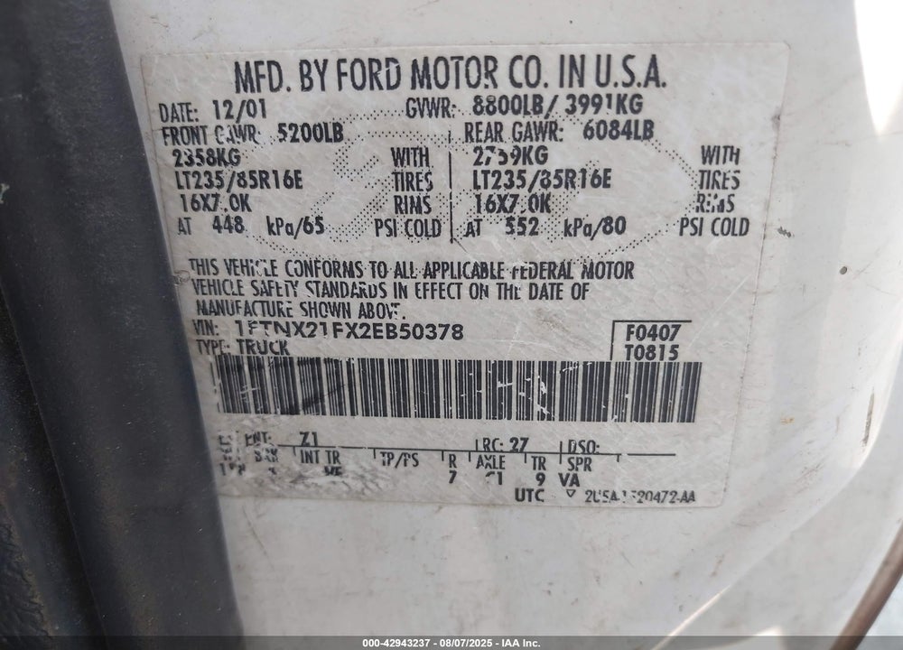 2002 FORD F-250 LARIAT/XL/XLT VIN: 1FTNX21FX2EB50378