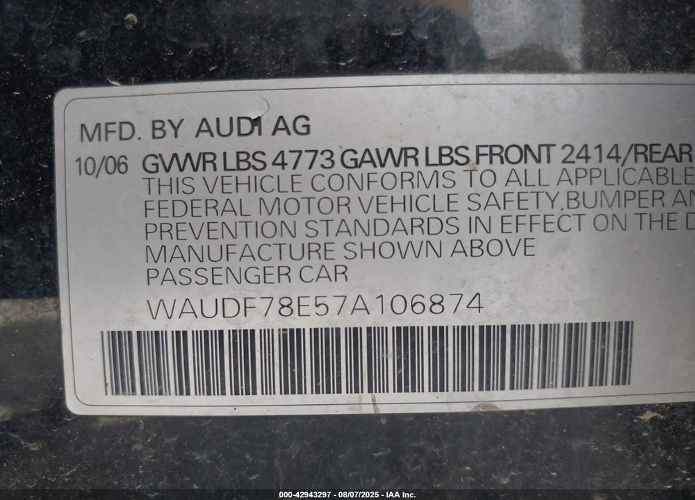 2007 AUDI A4 VIN: WAUDF78E57A106874