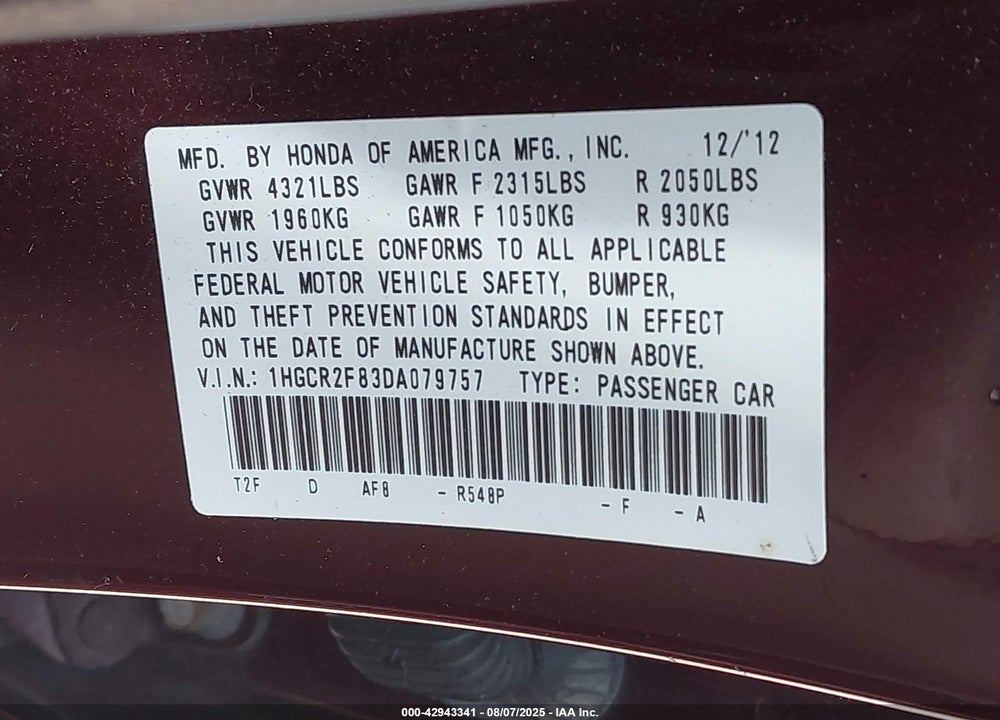 2013 HONDA ACCORD VIN: 1HGCR2F83DA079757