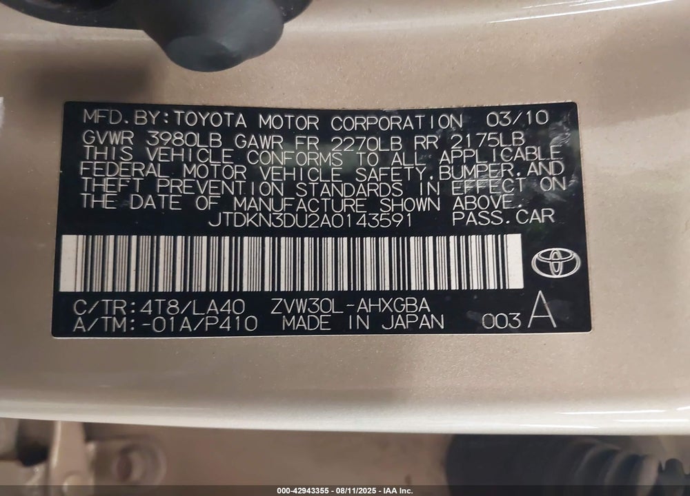 2010 TOYOTA PRIUS VIN: JTDKN3DU2A0143591