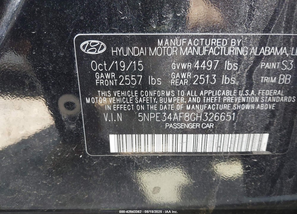 2016 HYUNDAI SONATA VIN: 5NPE34AF8GH326651