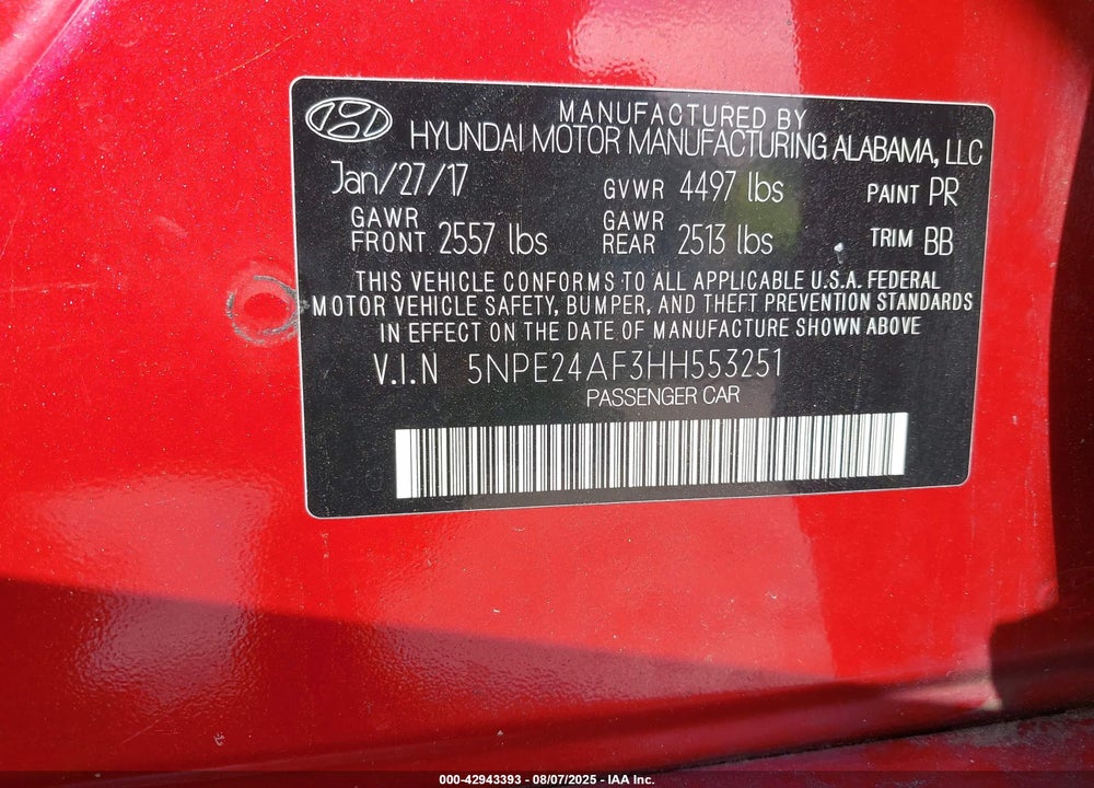 2017 HYUNDAI SONATA VIN: 5NPE24AF3HH553251