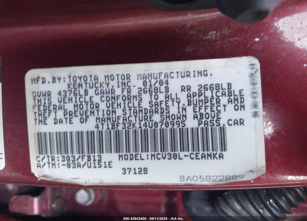 2004 TOYOTA CAMRY LE V6 VIN: 4T1BF32K14U070995