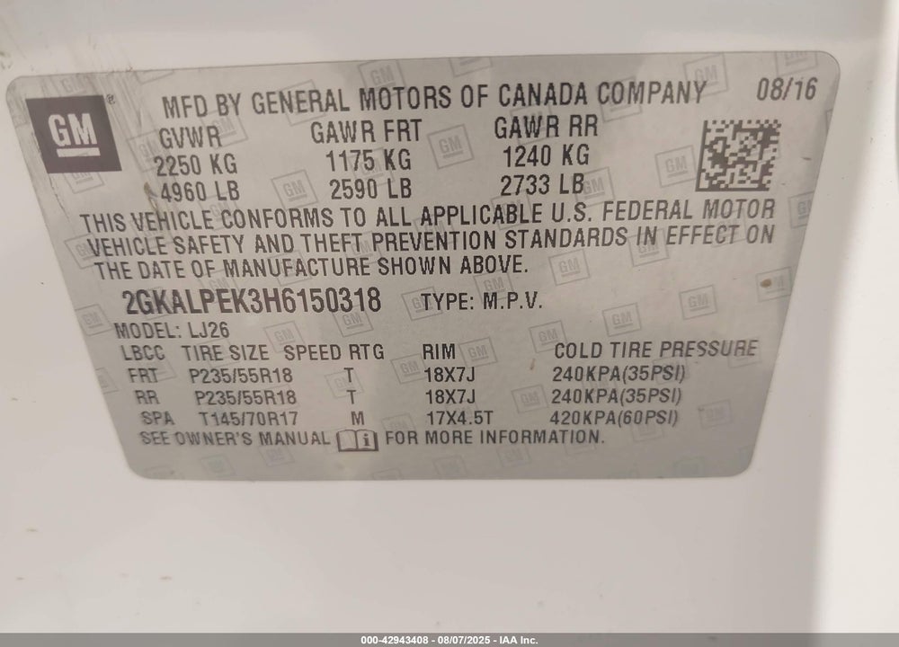 2017 GMC TERRAIN VIN: 2GKALPEK3H6150318