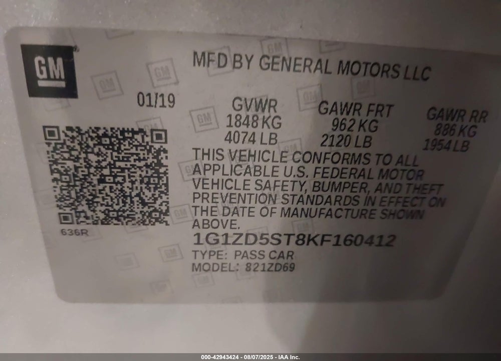 2019 CHEVROLET MALIBU VIN: 1G1ZD5ST8KF160412